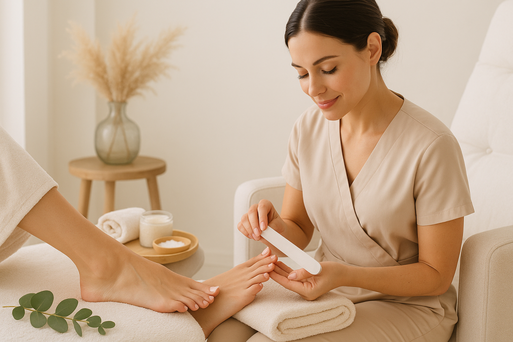 Pedicura profesional en un centro de estética con ambiente cuidado y relajante