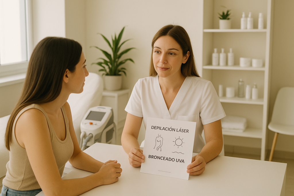 Consulta profesional sobre depilación láser y rayos UVA en un centro de estética