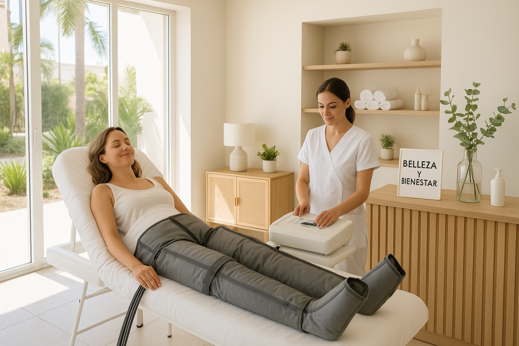Mujer recibiendo una sesión de presoterapia en un centro de estética